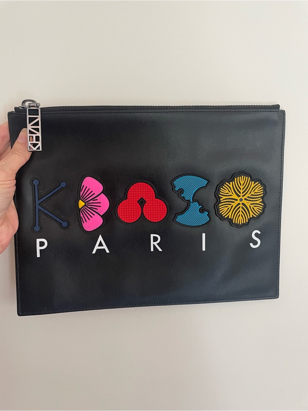 Kenzo Black Leather Clutch with Multicolor Logo Appliqués